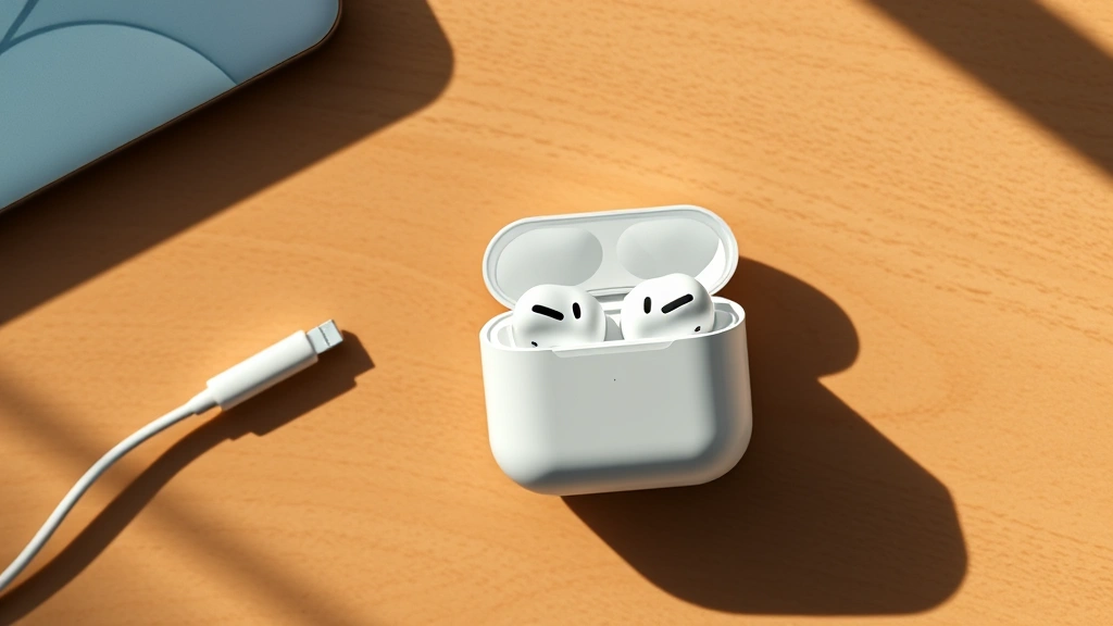 how long do airpods take to charge - Close-up overhead view of white AirPods Pro case sitting on a wooden desk next t