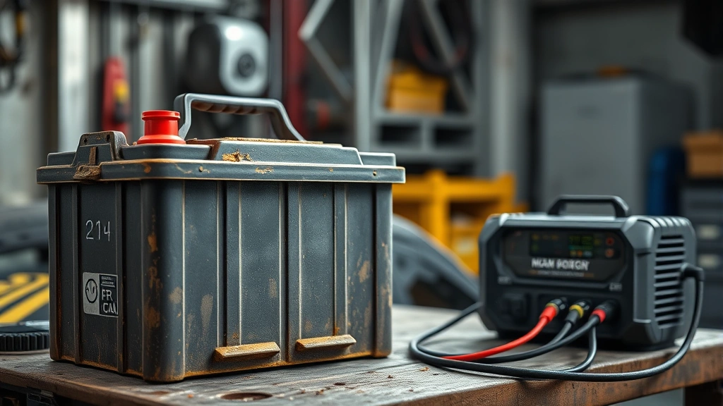how long does it take to charge a car battery - A weathered car battery sitting on a workbench next to a standard 12V battery ch