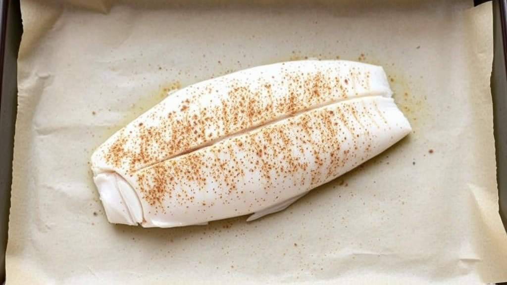 how long to bake tilapia - A seasoned raw tilapia fillet on parchment paper in a baking dish