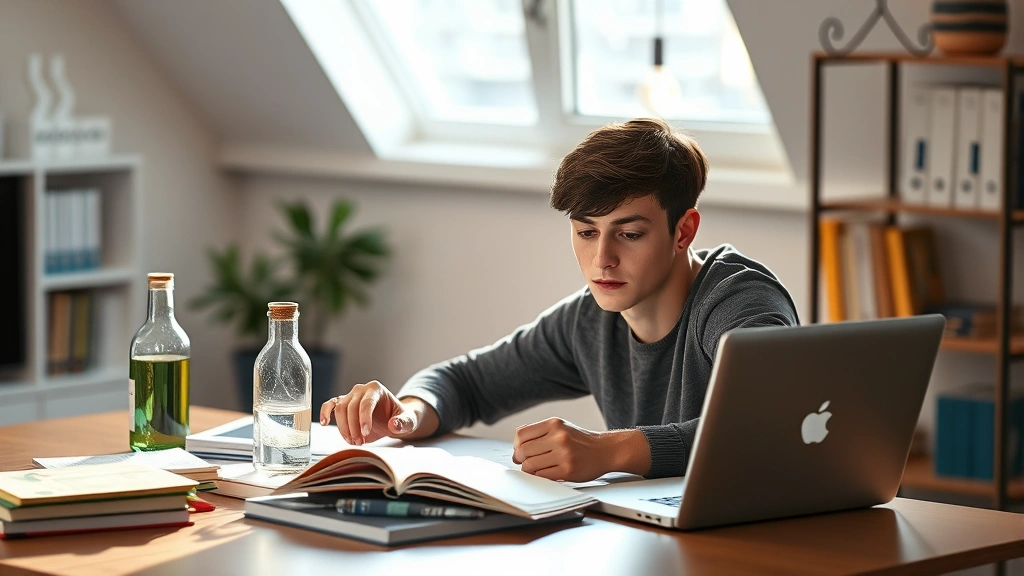 how long to become a pharmacist - A young adult sitting at a desk with textbooks and a laptop, studying organic ch