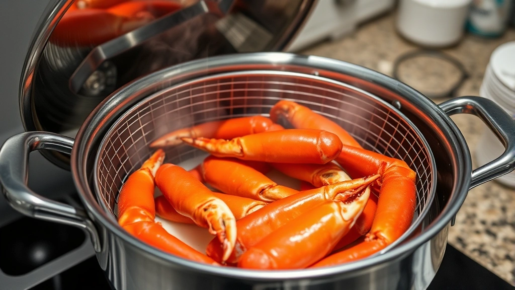 how long to steam crab legs - A stainless steel pot with a metal steamer basket inside, filled with bright red