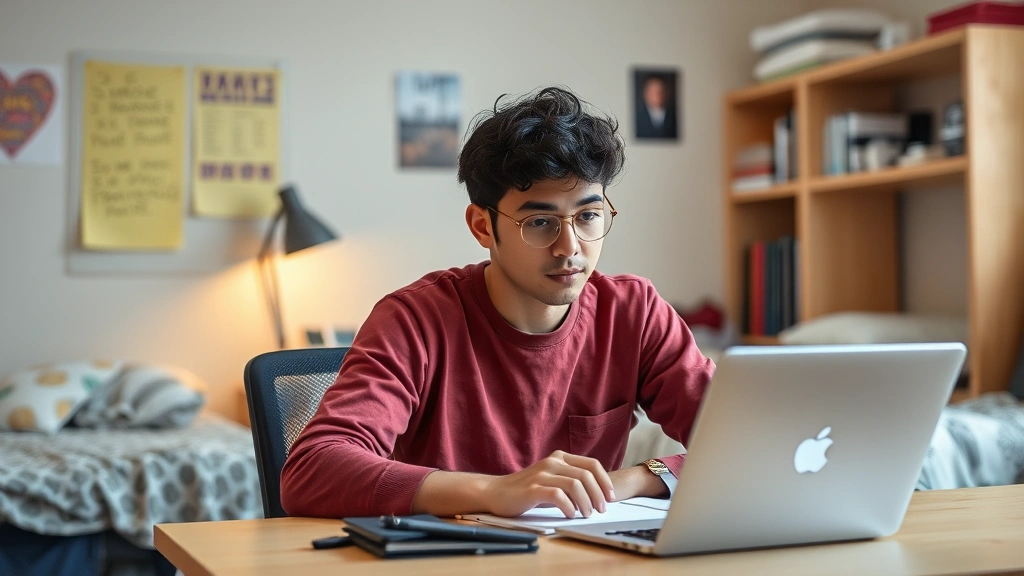 how many credits do you need to graduate college - A college student sitting at a desk in a dorm room