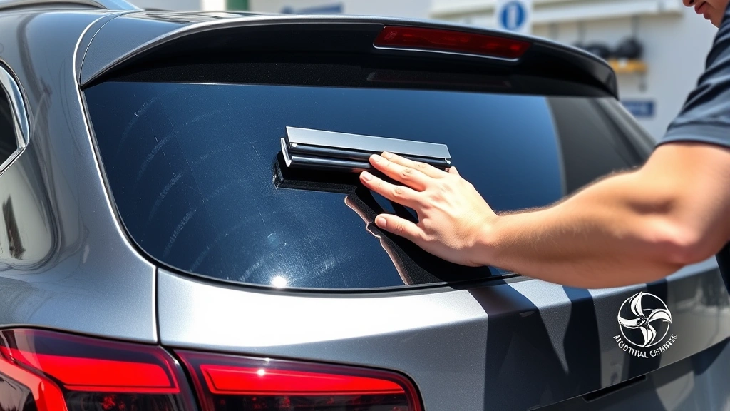 how much does it cost to tint car windows - A technician carefully applying dark tint film to a car's rear window with a squ