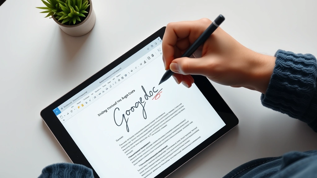 how to add a signature in google docs - Close-up overhead shot of hands drawing a signature with a stylus on a tablet sc