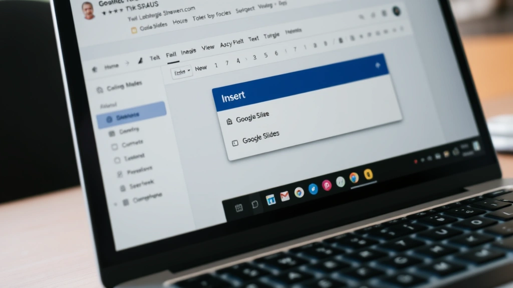 how to add music to google slides - Close-up of a laptop screen showing Google Slides interface with Insert menu ope
