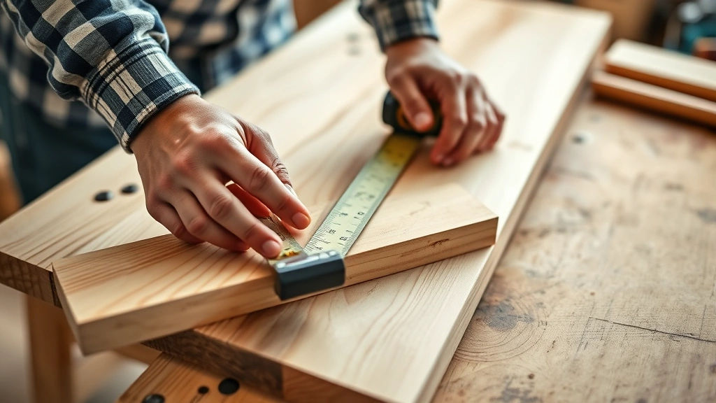 how to build a table - Close-up of hands measuring a wooden board with a tape measure on a workbench, b