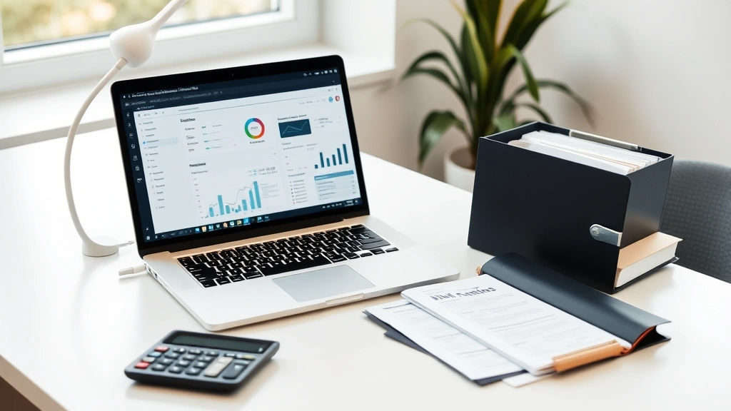 how to build business credit - A clean desk workspace with an open laptop showing a business banking dashboard,