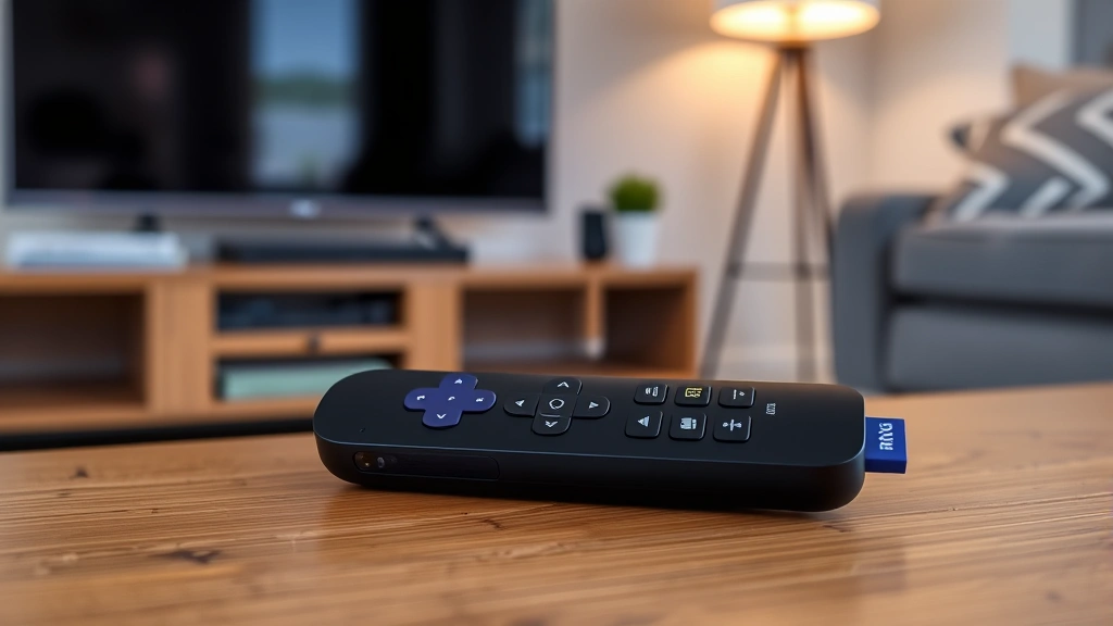 how to cancel roku subscription - Roku streaming device with black remote sitting on a wooden coffee table in a mo