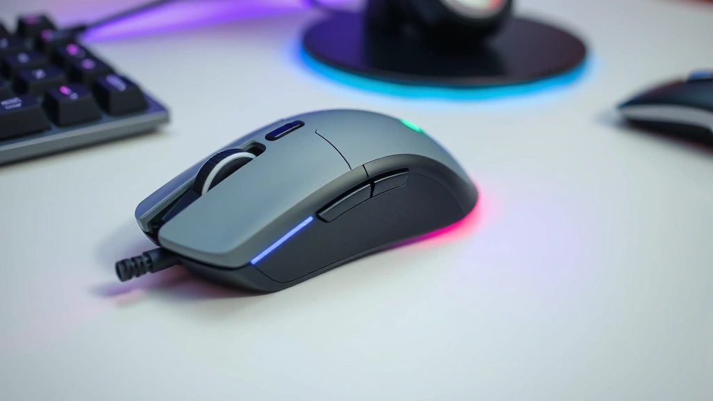 how to change mouse polling rate - Close-up of a gaming mouse on a clean desk with RGB lighting, viewed from above,