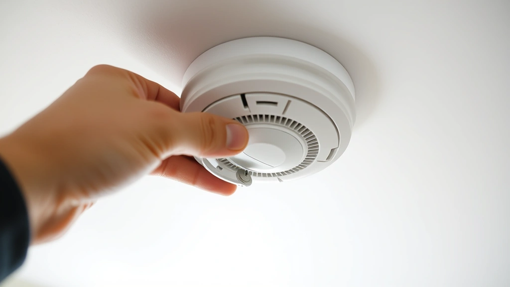 how to change smoke alarm battery - Close-up of a hand removing a smoke detector from a white ceiling, showing the t
