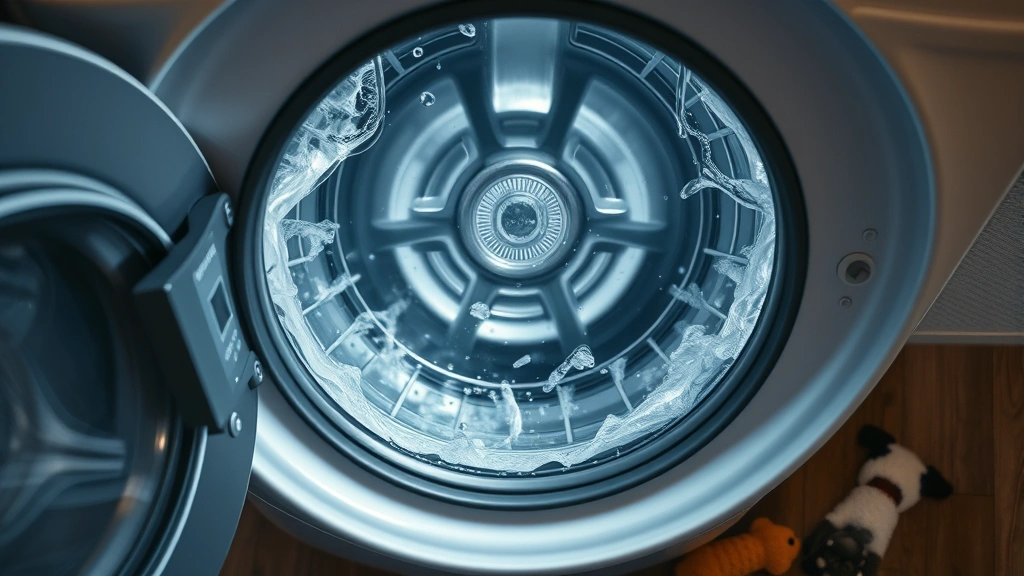 Overhead shot of open washing machine drum with water droplets and fresh steam rising, dog toys scattered nearby on laundry room floor