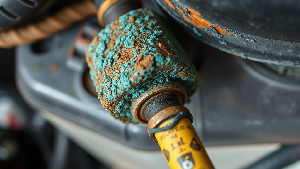 how to clean battery terminals - Close-up of a corroded car battery terminal with blue-green crusty buildup, view