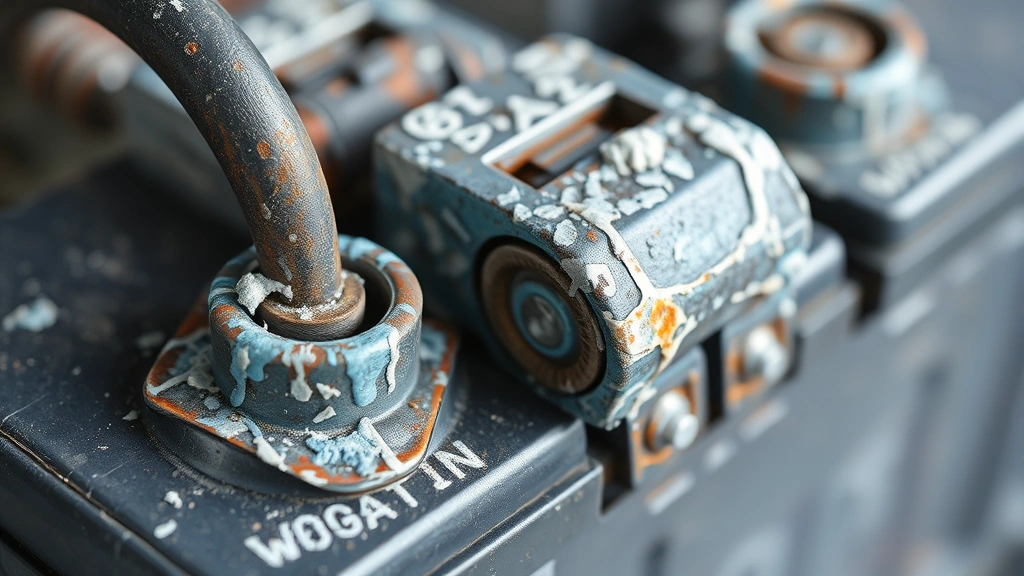 how to clean corroded battery terminals - Close-up photorealistic image of a car battery with white and blue crusty corros