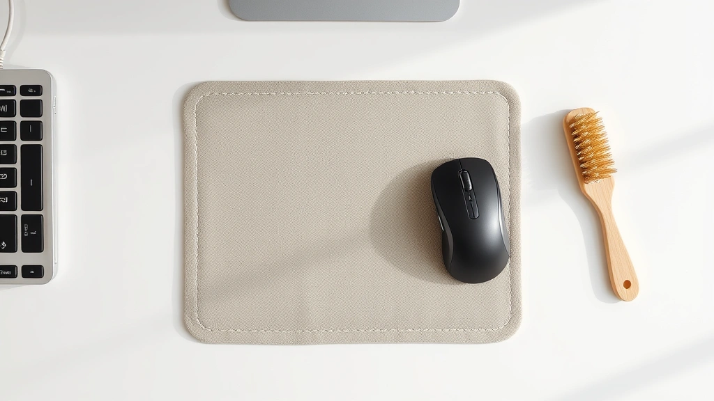 how to clean mousepad - Overhead flat lay of a fabric mousepad with visible dust particles and a soft br