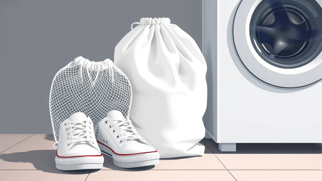 how to clean shoes in washing machine - Illustration of a pair of white canvas sneakers with a mesh laundry bag next to