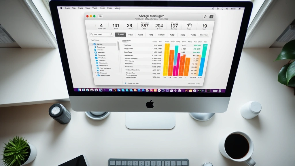 how to clear disk space on mac - Close-up overhead shot of a clean, organized Mac desktop with a storage manageme