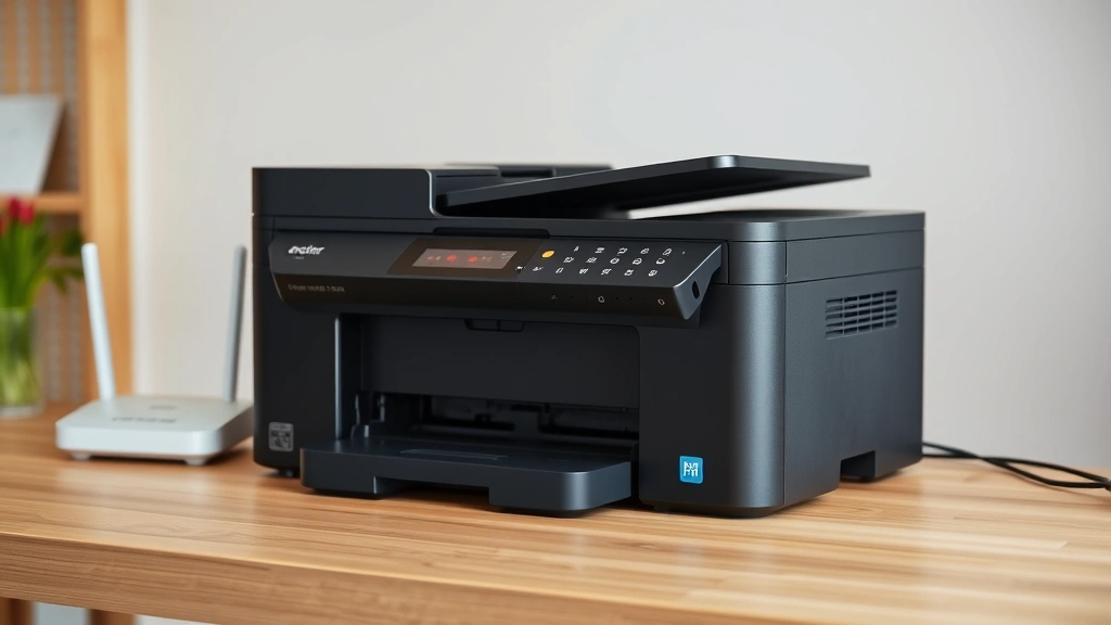 how to connect brother printer to wifi - A Brother multifunction printer sitting on a wooden desk next to a WiFi router,