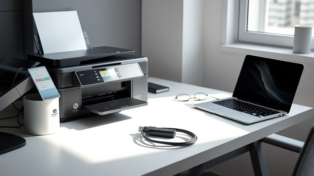 how to connect printer to computer - Modern office desk with a black and white printer, laptop computer, and USB cabl