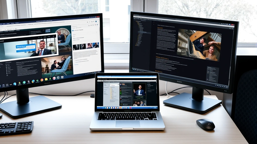 how to connect two monitors to a laptop - Laptop sitting on desk with two external monitors on either side, both displayin