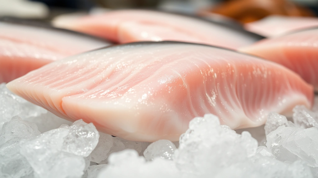 how to cook swordfish - Professional close-up of a fresh swordfish steak on ice at a fish counter, showi
