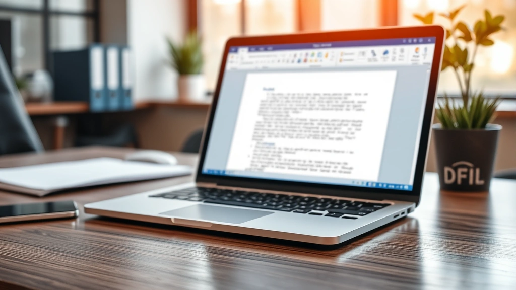 how to create a signature in word - Close-up of a professional office desk with a laptop showing a Microsoft Word do