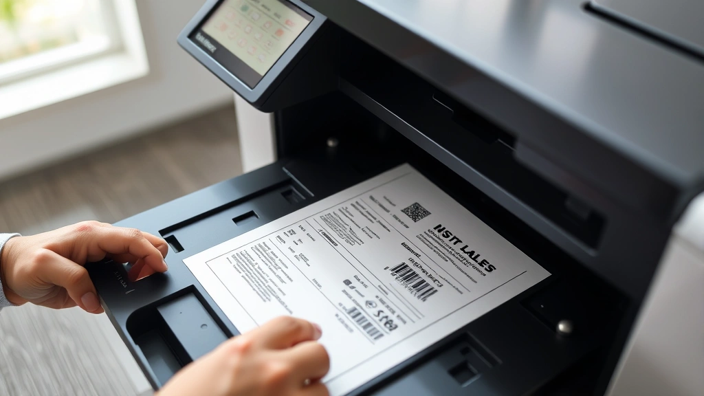 how to create labels in word - Close-up of hands placing a printed label sheet into a laser printer tray, profe
