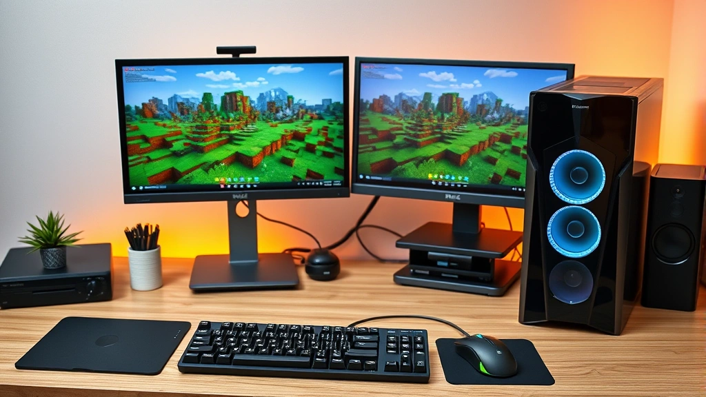 how to dedicate more ram to minecraft - A clean, well-organized computer desk with a gaming PC tower, dual monitors show