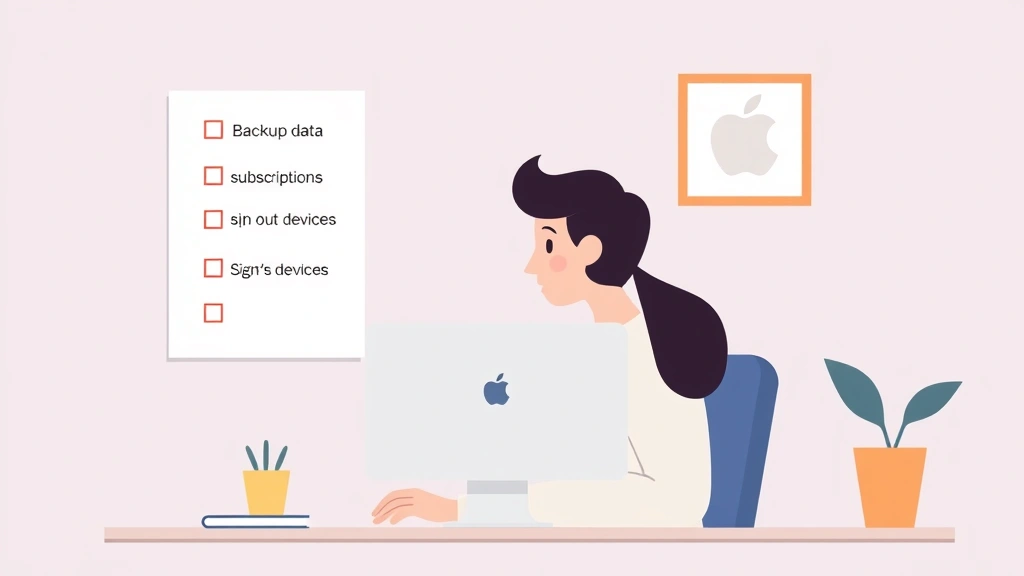 how to delete apple id - Illustration of a person sitting at a desk with an Apple computer, looking at a