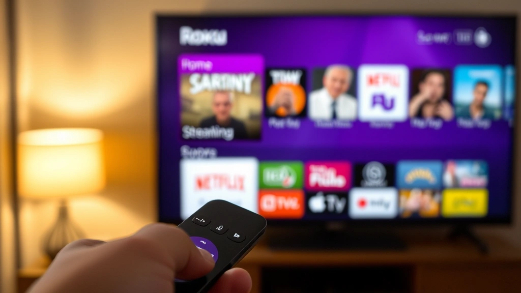 how to delete apps on roku - Close-up of a Roku remote control in someone's hand, pointing at a TV screen sho