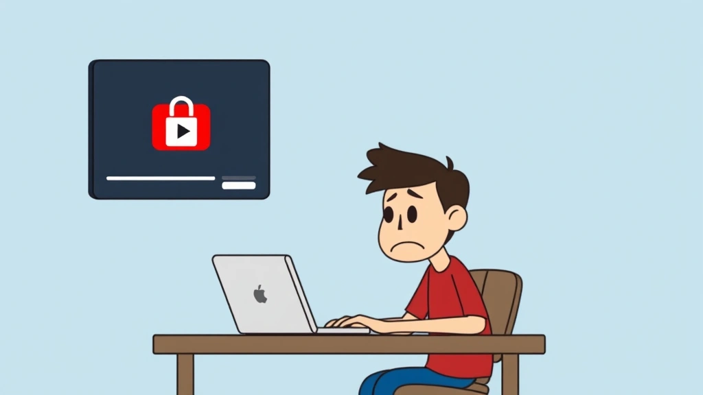 how to disable restricted mode on youtube - Cartoon illustration of a person sitting at a desk with a laptop, looking frustr