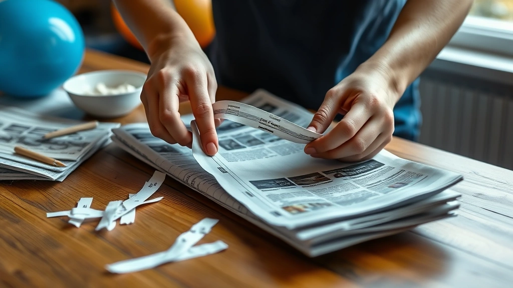 how to do paper mache - A person's hands tearing newspaper into strips on a wooden table, with a bowl of