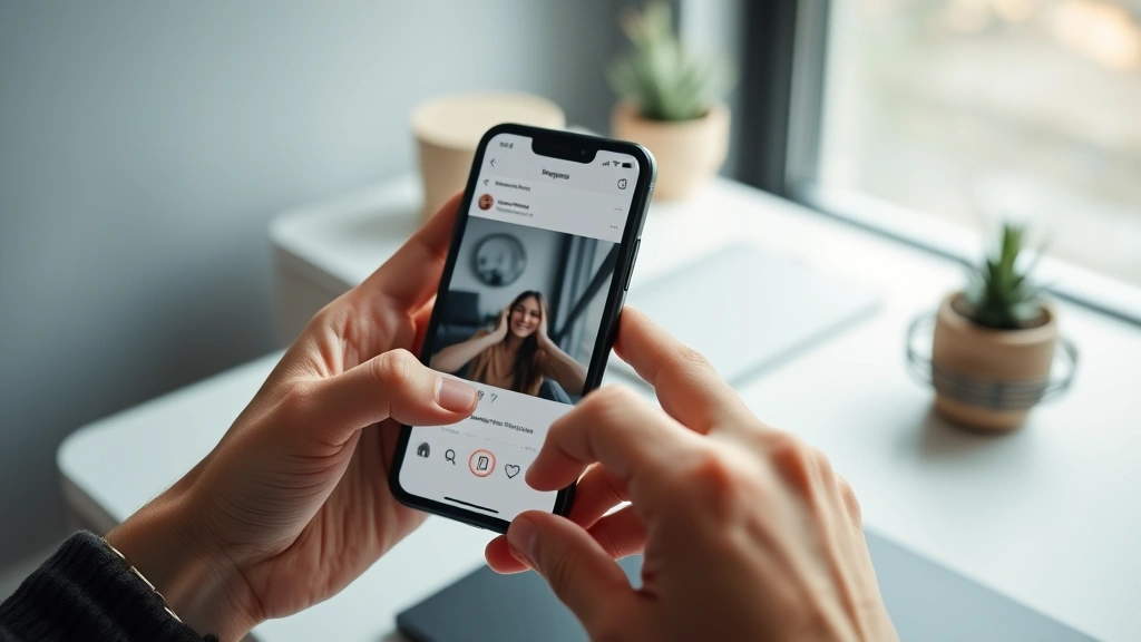 how to download videos from instagram - Close-up of hands holding a smartphone displaying the Instagram app with a video