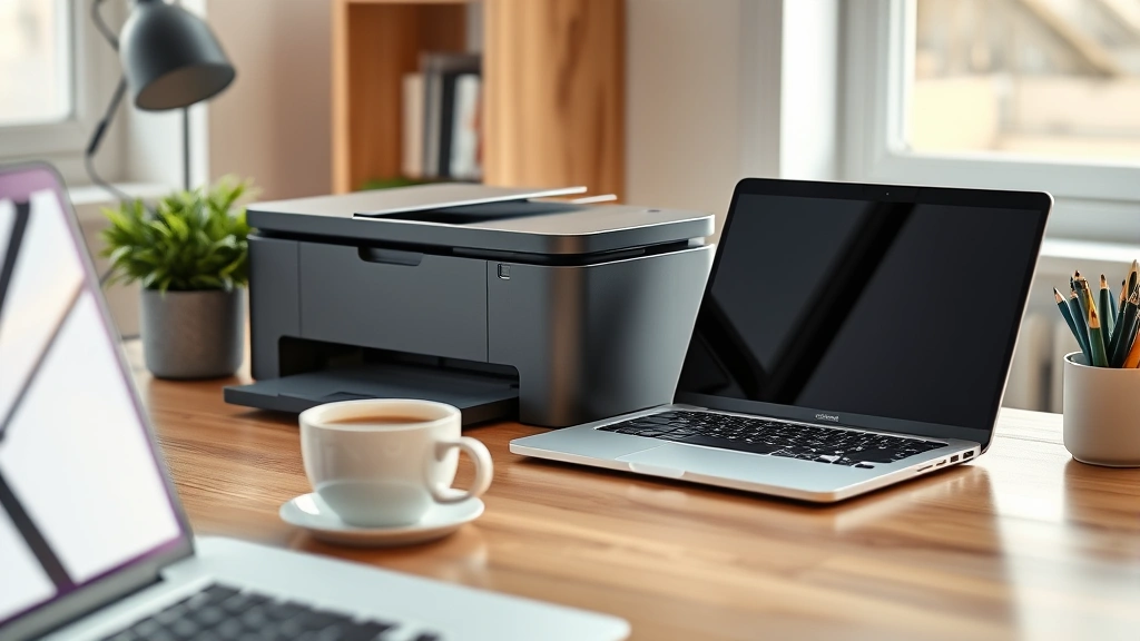 how to find printer ip address - Close-up of a home office desk with a wireless printer sitting next to a laptop,