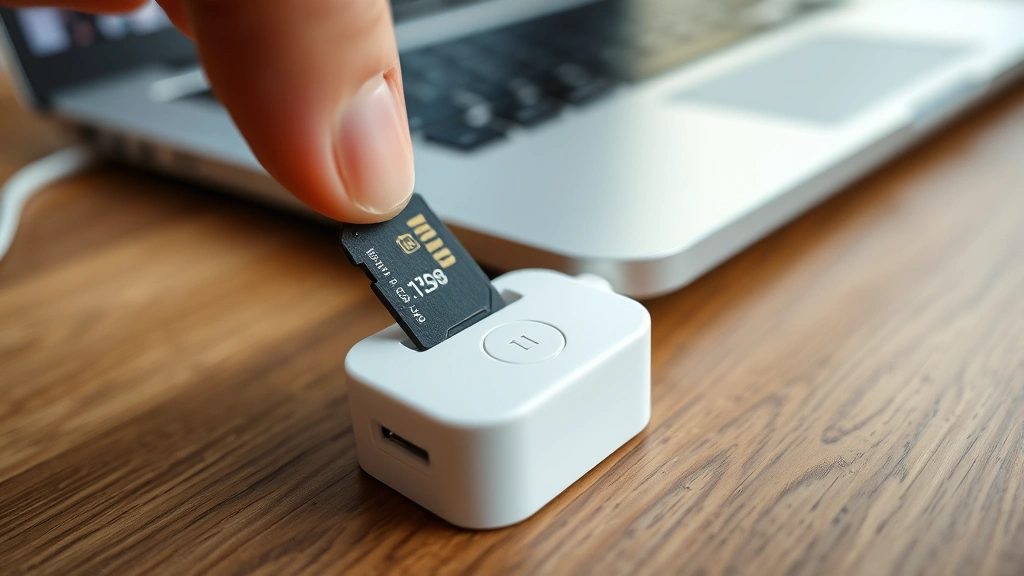 how to format a micro sd card - Close-up of a micro SD card being inserted into a white USB card reader on a woo