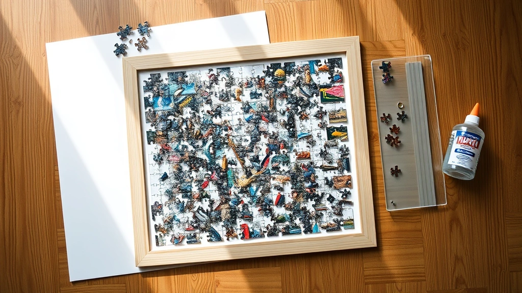 how to frame a puzzle - A completed jigsaw puzzle lying flat on a wooden table with frame components arr