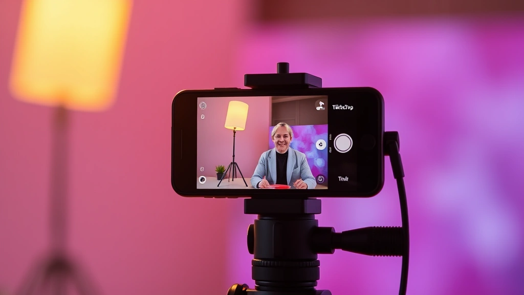 how to get more views on tiktok - A creator filming a TikTok video on a smartphone mounted on a tripod in a bright