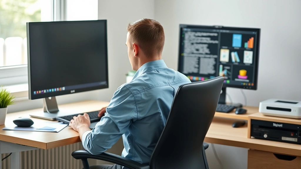 how to get rid of crunching sound in neck - A person sitting at a desk with proper posture, head aligned over shoulders, sho