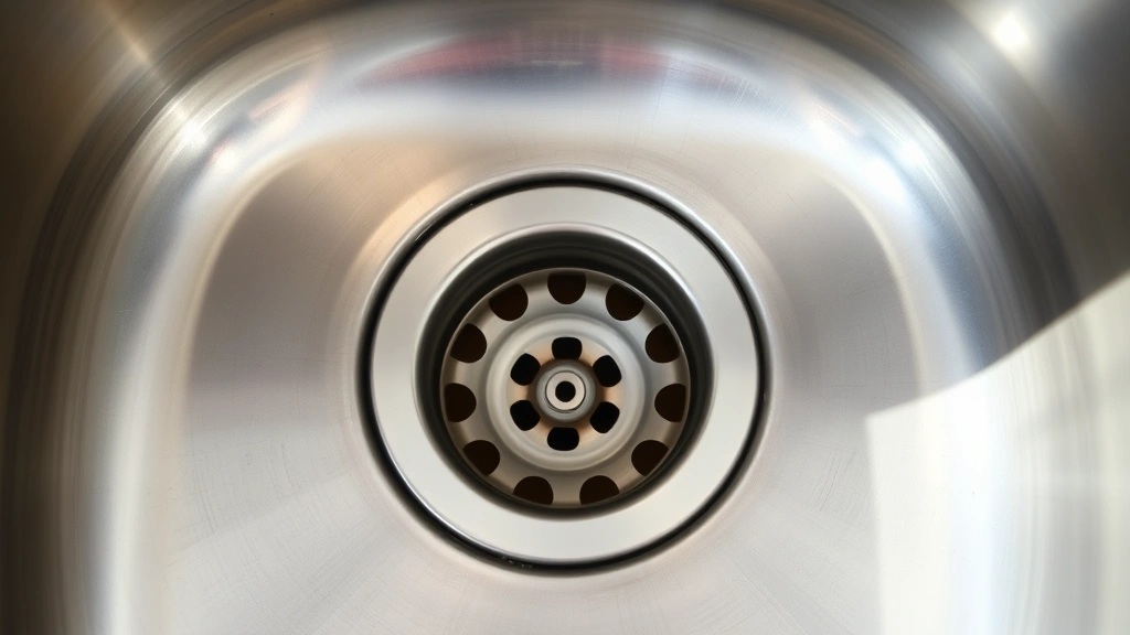 how to install a garburator - Close-up overhead view of a shiny stainless steel sink with an open drain openin