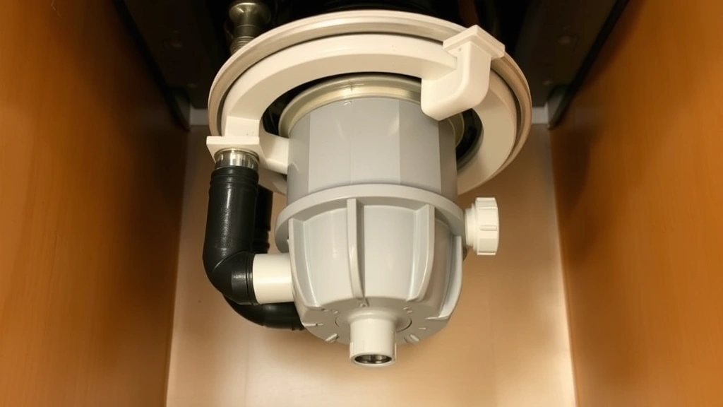how to install garbage disposal - Close-up view of a garbage disposal unit mounted under a kitchen sink with visib