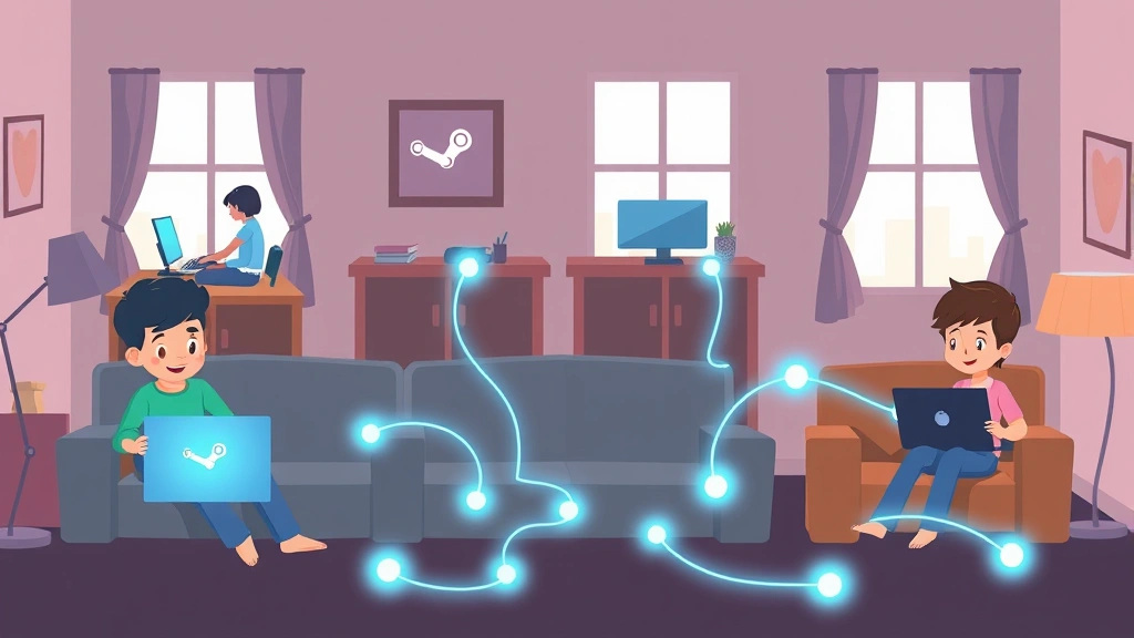 how to join steam family from different house - A cartoon illustration of a family sitting in different rooms of a house, each w