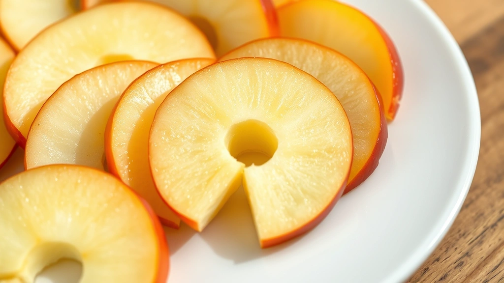 how to keep apple slices from turning brown - Close-up of fresh apple slices arranged on a white plate, some with a glossy lem