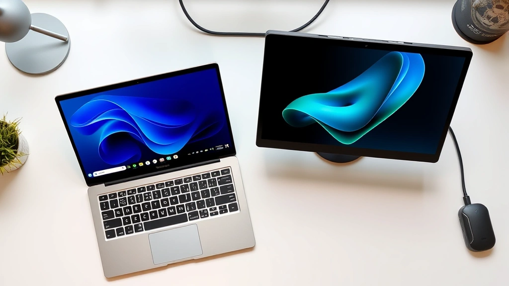 how to make a chromebook touchscreen - Overhead view of a modern Chromebook laptop on a clean desk with a separate port