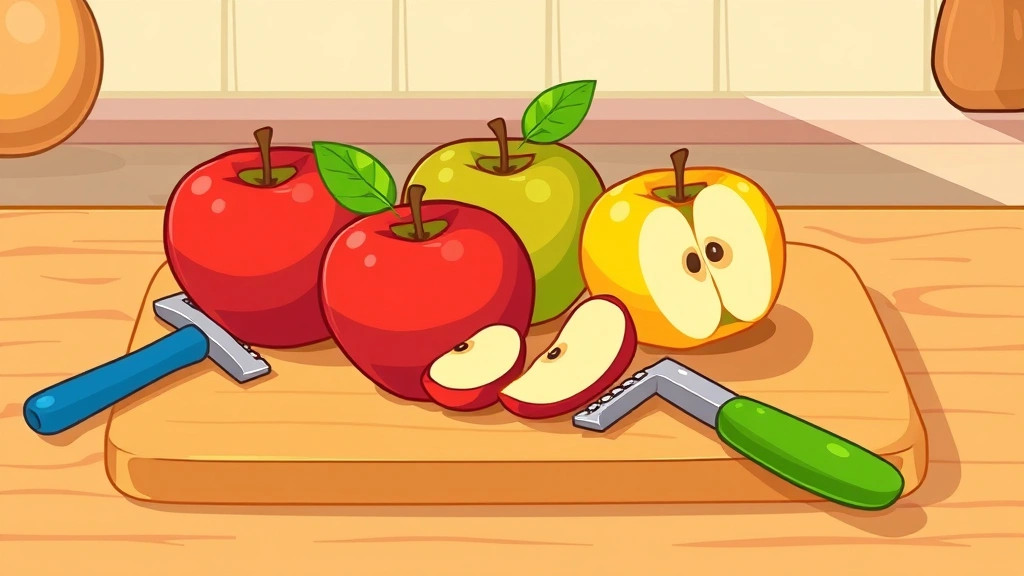how to make apple sauce - Cartoon illustration of a wooden cutting board with fresh apples in various colo