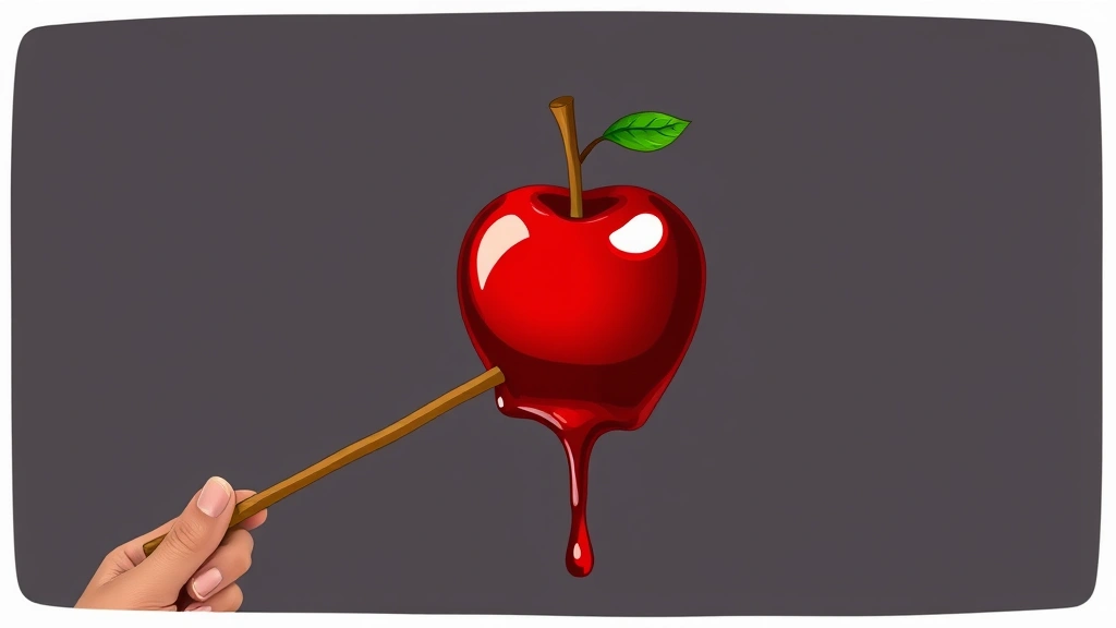 how to make candy apple in gag - Illustration of a hand holding a wooden stick with a shiny red candy-coated appl