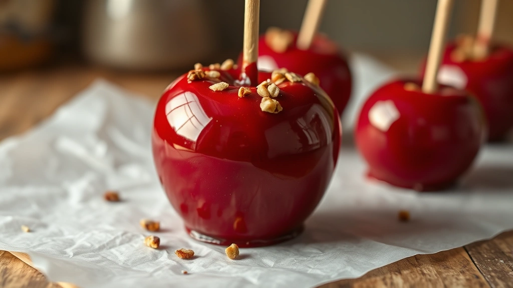 how to make candy apples - Close-up of a glossy deep red candy apple on a wooden stick with crushed nut top