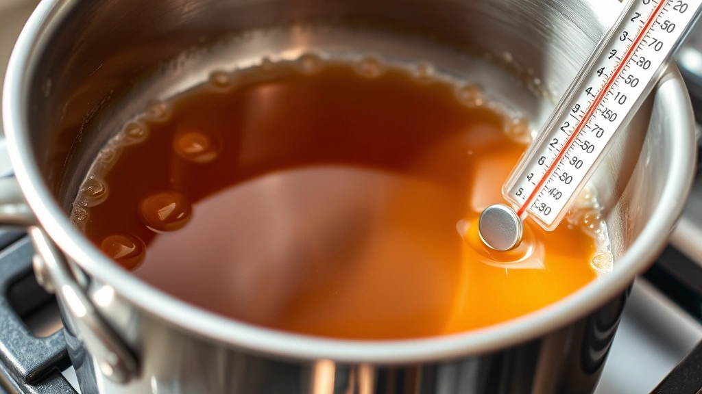 how to make dalgona cookie - Close-up of caramel syrup bubbling in a heavy-bottomed stainless steel saucepan