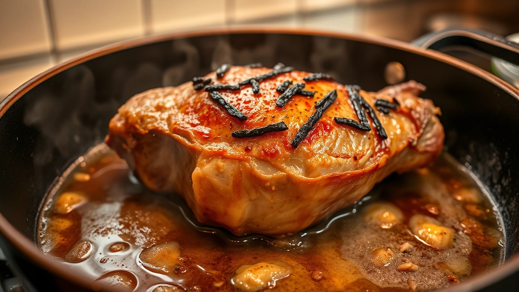 how to make gravy from drippings - Close-up of a roasting pan with meat resting inside, golden brown drippings and