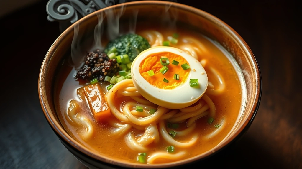 how to make ramen in the microwave - Overhead shot of a ceramic bowl filled with steaming hot ramen noodles in golden