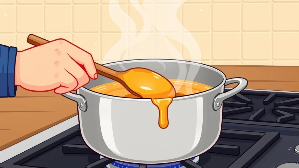 how to make squid game cookies - Cartoon illustration of a hand holding a wooden spoon stirring golden caramel in