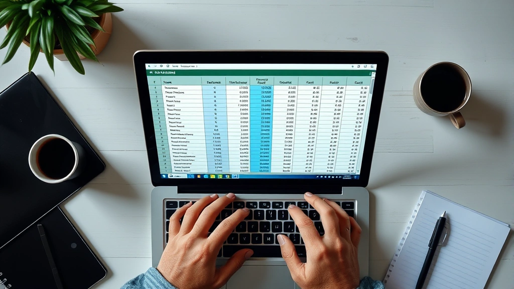 how to move excel columns - Close-up overhead view of hands working with a spreadsheet on a laptop screen, s